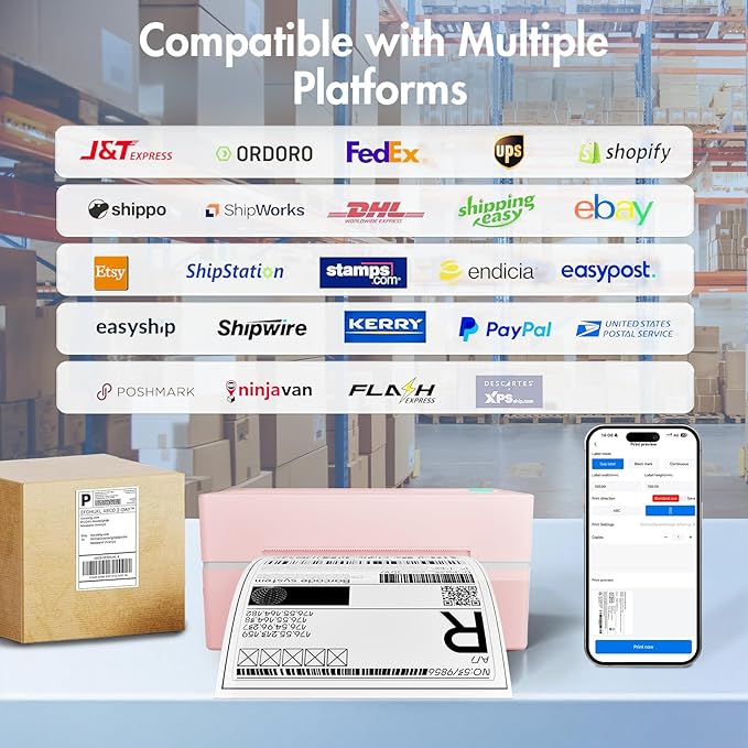 Bluetooth Thermal Shipping Label Printer: 4x6 Wireless Label Maker with Tape for Small Business - Compatible with iPhone, Android, Windows & Mac, Widely Used for USPS UPS Ebay Amazon Shopify, Pink