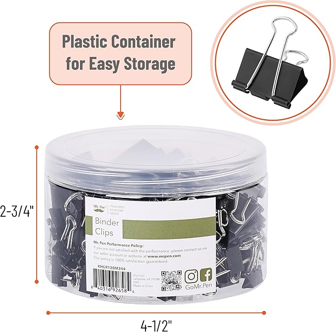 Mr. Pen- Binder Clips, 120 Pcs, Assorted Sizes, Black, Medium, Small, Office Supplies, Paper Clips