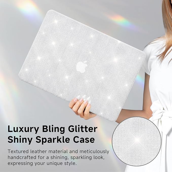 KEROM Bling Glitter Case for MacBook Pro 16 inch 2024-2021 M4 M3 M2 M1 Pro/Max Chip A3403 A3186 A2991 A2780 A2485, Luxury Bedazzled Shiny Sparkle PU Leather Hard Shell Case & Keyboard Cover, Silver