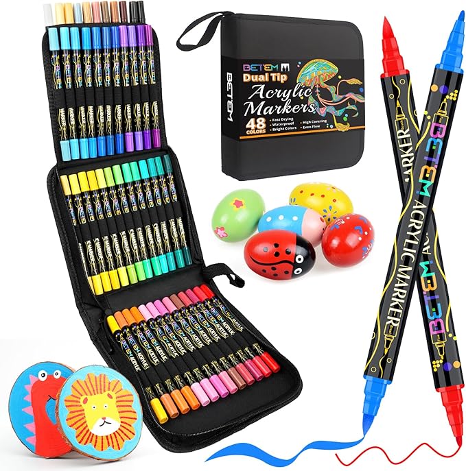 Betem Paint Markers Acrylic Paint Pens, Dual Tip 48 Colors Acrylic Markers with Brush Tip and Fine Point, Art Supplies for Wood, Canvas, Stone, Glass, Rock Painting Kit DIY Crafts Drawing Kit with Bag