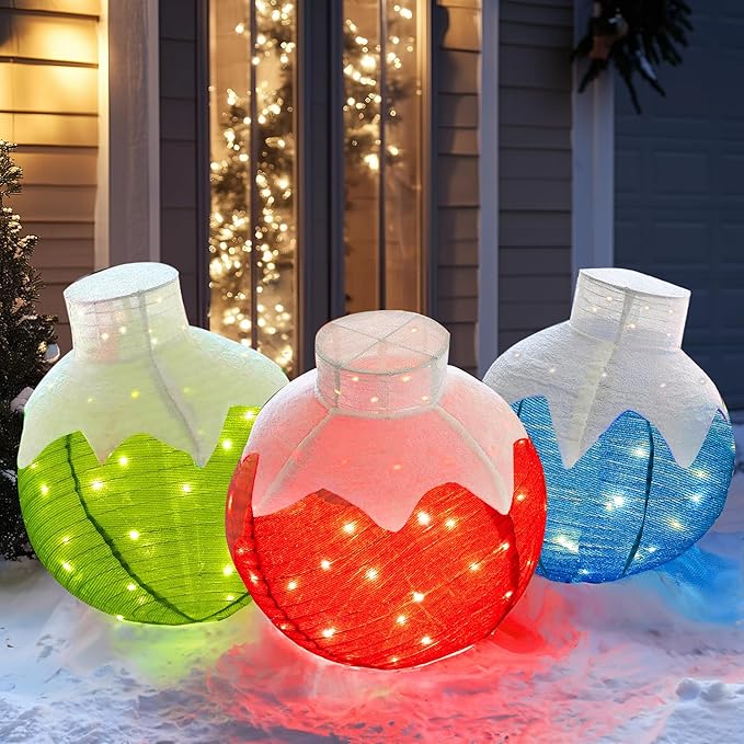 Dazzle Bright Christmas Ball Decorations, 3 Pcs Pre-Lit 270 LED Pop-Up Christmas Ball Set with Base, 8 Modes Lighted Collapsible Balls for Indoor Outdoor Garden Yard Party Xmas Decor