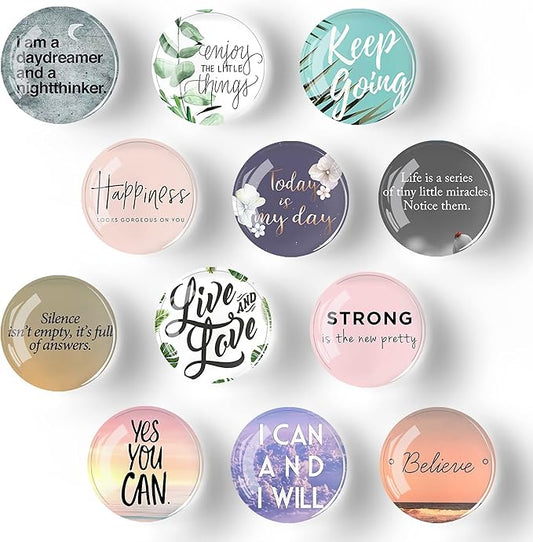12Pcs Glass Strong Magnetic Refrigerator Magnet Fridge Sticker,Motivational Fridge Magnets Decoration for Crafts,Strong Fridge Magnets for Kitchen, School,Office Whiteboard, Cabinet and Dishwasher