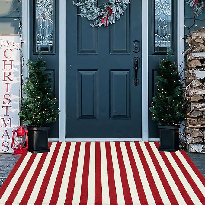 Christmas Outdoor mat Red and White Striped Outdoor Rug Front Porch Rug,Christmas Home Decor, Layerd Welcome Doormat for Front Porch Decor, Front Door, Farmhouse Decor (Red and White, 36''x60'')