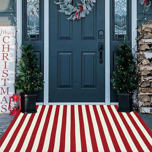 Christmas Outdoor mat Red and White Striped Outdoor Rug Front Porch Rug,Christmas Home Decor, Layerd Welcome Doormat for Front Porch Decor, Front Door, Farmhouse Decor (Red and White, 36''x60'')