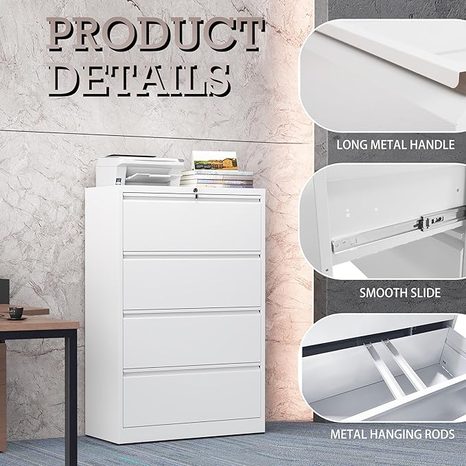 4 Drawer Lateral File Cabinet with Lock, Metal File Cabinet, Lateral File Cabinets for Home Office, Heavy Duty File Storage Cabinet for Legal/Letter/A4 Document, Assembly Required, White