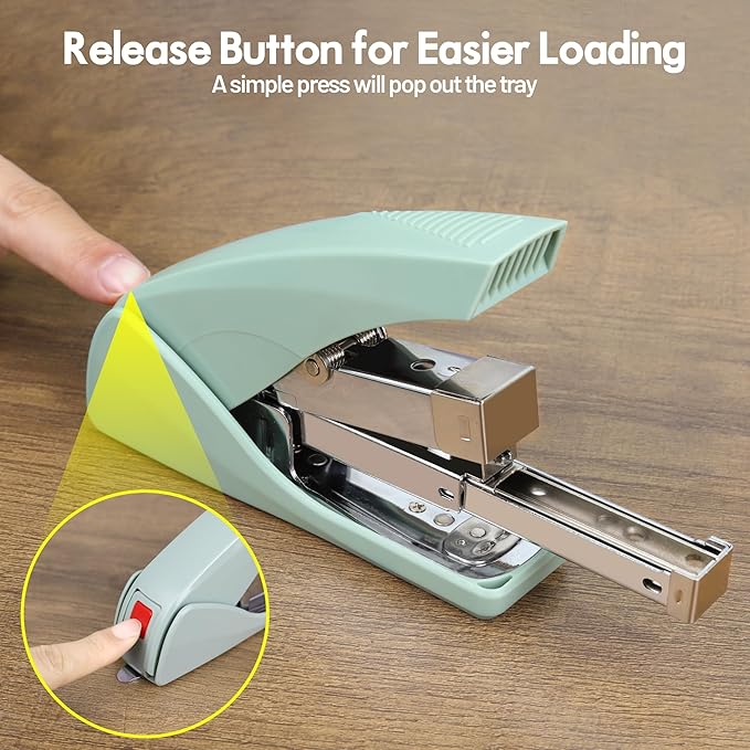 AFMAT Effortless Stapler for Desk, 50 Sheet Capacity, Low Force, Built-in Staple Remover, One Finger Touch Stapling Desktop Stapler, Portable & Space Save Size, Good for Home & Office, Green
