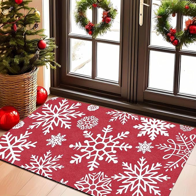 InterestPrint Christmas Red Door Mat Xmas Snowflakes Doormat Washable Floor Mats Outdoor Indoor Non-Skid Area Rug Entry Doormat for Bedroom Living Room Kitchen Nursery, 16" x 24" Inch