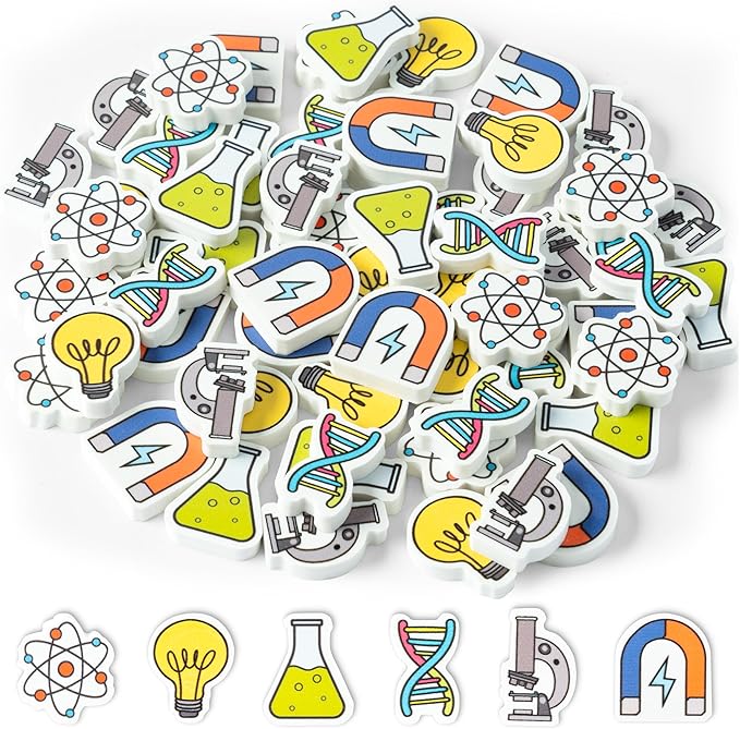 ANGOLIO Science Mini Eraser - 60P Summer Back to School for Kids Bulk Novelty Including microscopes U Shaped Magnets Lamp Bulb Pattern Pencil Eraser for Student Homework Summer Reward Classroom Prizes