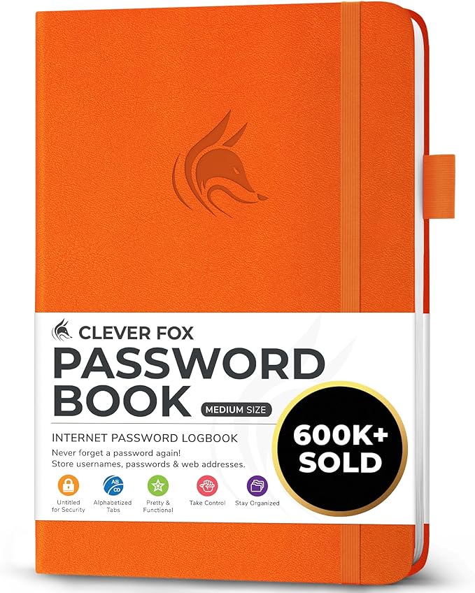 Clever Fox Password Book with alphabetical tabs. Internet Address Organizer Logbook. Medium Password Keeper for Website Logins (Orange)