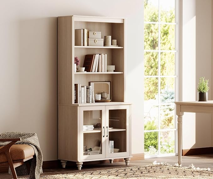 WAMPAT 5 Tier Bookshelf 72" Tall Bookcase with Glass Doors,Large Farmhouse Display Book Shelf with Adjustable Shelves and Storage Cabinet，Library Wood Bookshelves for Living Room,Kitchen, Light Oak