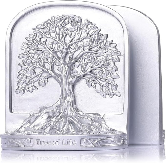 Silver Tree of Life Bookends Set, 2 Decorative Bookends for Shelves or Bookcase, Non-Skid Heavy Bookends for Desktop Shelf Decor, Library Office Decor, Home Décor Gift