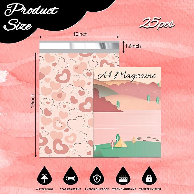 Pink Heart Poly Mailer 10x13 Inch 25 Pcs, Waterproof Shipping Bags for Clothing, Tear-Resistant Mailier Bags, Strong Mailing Bags with Self-Seal