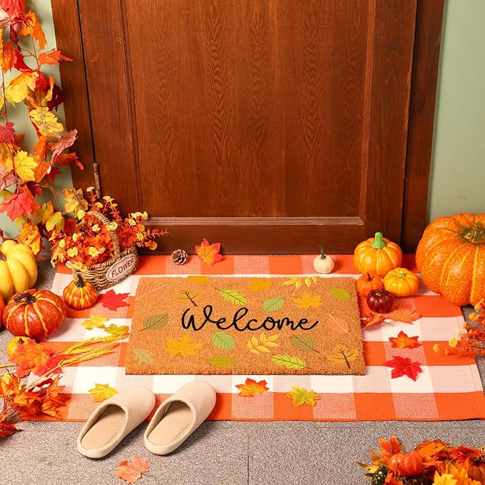 2 Pcs Thanksgiving Coir Doormat Outdoor Thanksgiving Maple Leave Welcome Outdoor Rugs for Layered Buffalo Orange White Plaid Mats for Autumn Fall Front Door Porch Entryway Decor