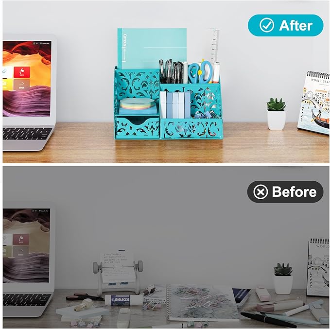 EasyPAG Pen Holder Desk Organizer with Drawer Pencil Cup for Desk 6 Compartments Metal Office Caddy Storage with Sticky Notes Holder for School Home Office, Dark Teal