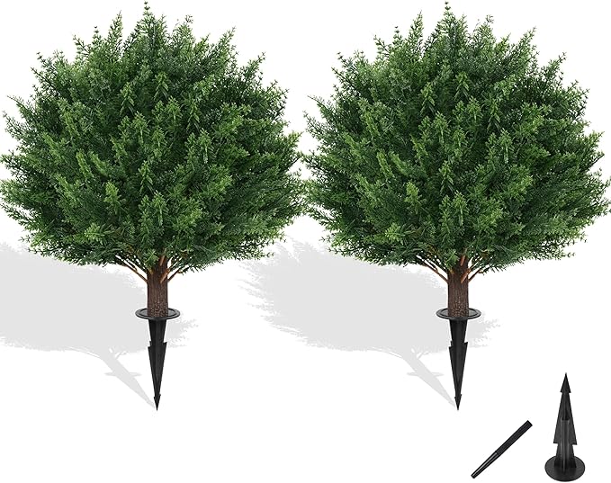 Artificial Cypress Topiary Tree with Ground Spike, Set of 2 Artificial Shrub Bushes, Fake Evergreen Tree for Porch, Artificial Plants for Outdoor Planters Indoor UV Resistant