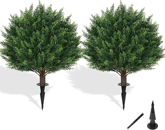 Artificial Cypress Topiary Tree with Ground Spike, Set of 2 Artificial Shrub Bushes, Fake Evergreen Tree for Porch, Artificial Plants for Outdoor Planters Indoor UV Resistant