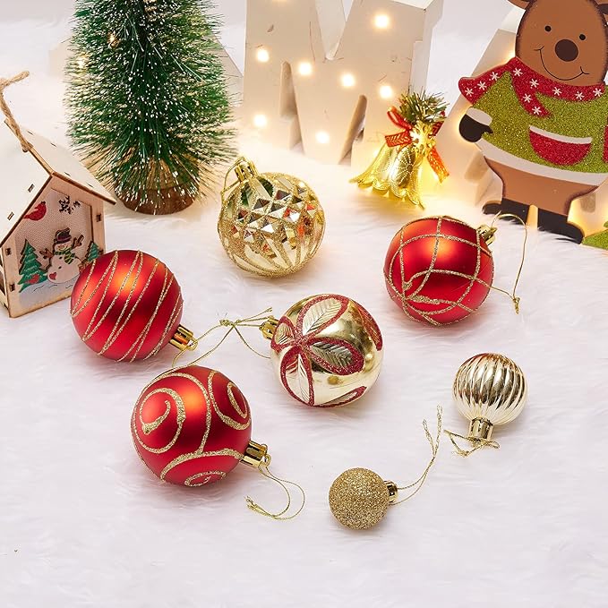 100Pcs Elegant Christmas Ball Set Christmas Tree Ornaments with Glitter and Patterns Bulk Ornaments for Tree as Festive Christmas Decor Xmas Ball Set Red Gold