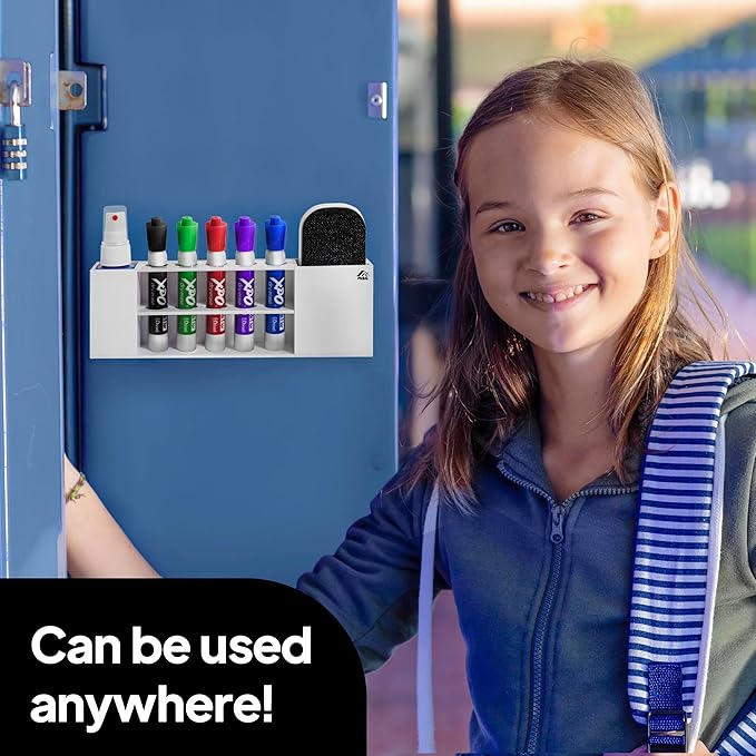 Slim Magnetic Dry Erase Marker Holder for Whiteboard, Space Saving Pen Organizer with Glass and Wall Mount Accessories for Fridge, Office, and School. Markers, Eraser, Cleaner Not Included (White)