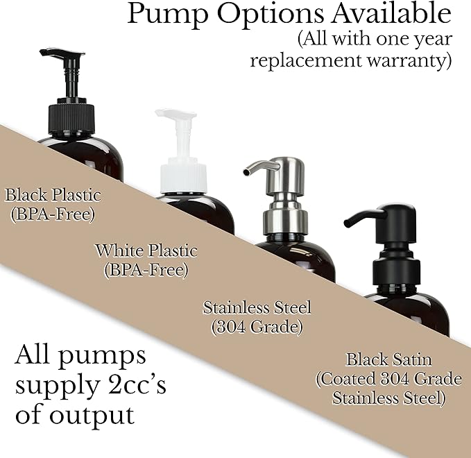 Amber PET Plastic Refillable Hand Sanitizer Pump Bottle Dispenser with White Plastic Pump, 16 oz with Waterproof Labels, Empty Reusable Container for Home, Kitchen, Bathroom, Office, Business