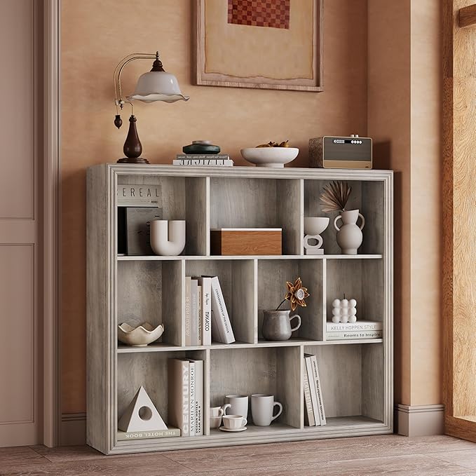 Wooden 10-Cube Storage Organizer, 3-Tier Bookshelf, Wood Grey Bookshelf, Bookcase, Cubical Storage Shelf with 3 Removable Back Panels for Bedroom Home and Office