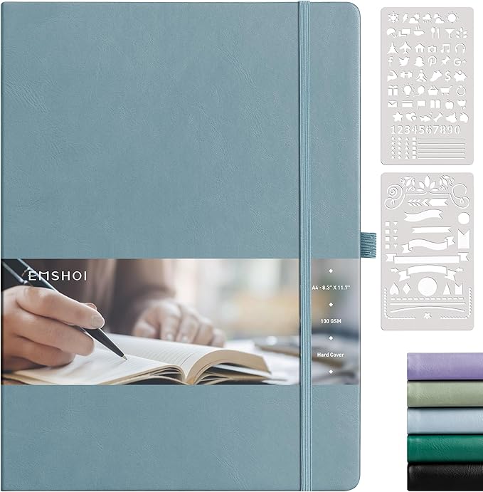 EMSHOI A4 Dotted Journal - 8.5"x11" Hardcover Leather Dotted Notebook, 192 Pages 100 GSM Dot Grid Notebook for Work, Bullet Journaling, Writing, Gift for Women & Men (GrayBlue)
