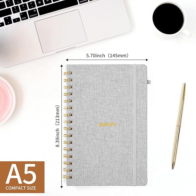 A5 Spiral Notebook – Hardcover Journal 160 Lined Pages 100 GSM Thick Paper With Elastic Band & Pen Holder College Ruled Writing Notebooks for Work School Travel Gray