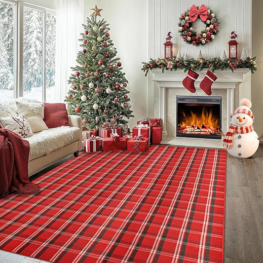 Christmas Red Green White Plaid Rug 8x10 ft, Extra Large Cotton Hand-Woven Buffalo Check Area Rug for Living Room, Bedroom, Patio, Christmas Holiday Farmhouse Decor, Washable Outdoor Indoor Carpet