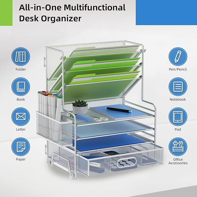 4-Tier Paper Organizer + 3-Pocket File Holder + Drawer + Pen Holders, Desktop File Organizers Paper Tray for Office Supplies School Classroom Organization (Silver, with Drawer & Pen Holder)