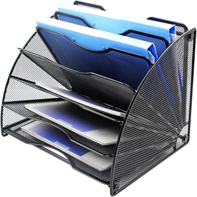 EasyPAG Desk File Organizer, 6-Section Vertical File Folder Holder Stand, Fan-Shaped Metal Rack File Sorter for Office Classroom Desktop Organization, Black