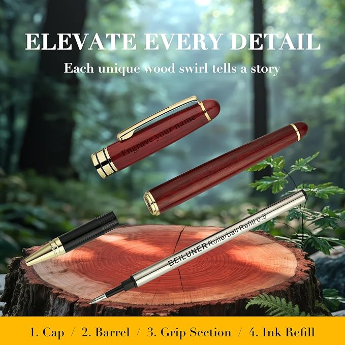 BEILUNER Luxury Personalized Wood Ballpoint Pen Writing Set,Rosewood-Elegant Fancy Nice Gift Pen Set for Signature Executive Business Office Supplies - Christmas Gift Boxed with Extra Refills (Black)