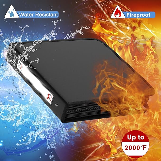 Fireproof 3 Ring Binder with Zipper,1 Inch D Rings Hold up 245 Sheets of 8.5" x 11" (A4),Compatible with Clear Page Protectors, Built-in net and Pen Holder (1 Pcs, Black, 1")