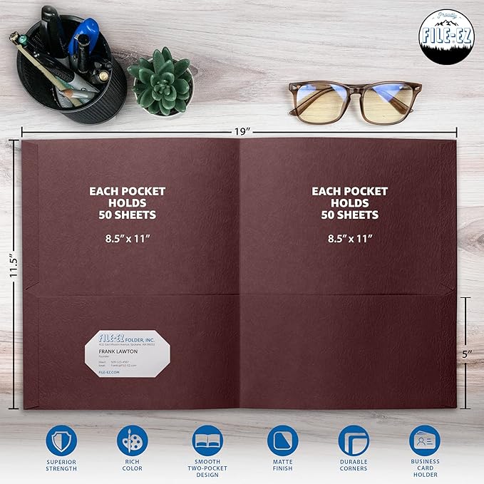 FILE-EZ Two-Pocket Folders, Dark Red Maroon Crimson Burgundy Color, 25-Pack, Textured Paper, Matte Finish, Letter Sheet Size (EZ-32559)