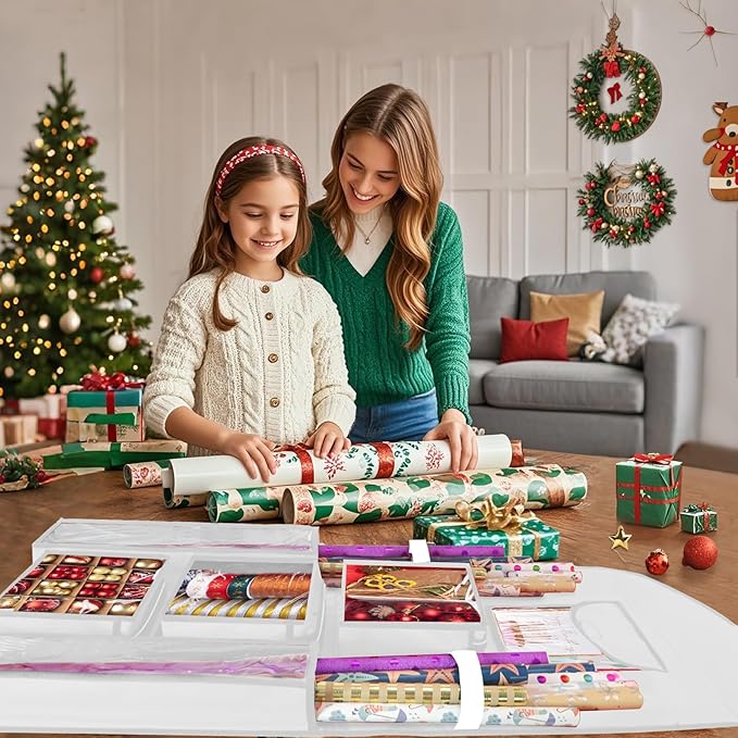 Hanging Gift Wrapping Paper Storage, 40"X17" White Double-Sided Christmas Wrapper Bag Container, Oxford Craft Roll Organizer, Present Wrap Holder for Bedroom Closet, Door, Cabinet