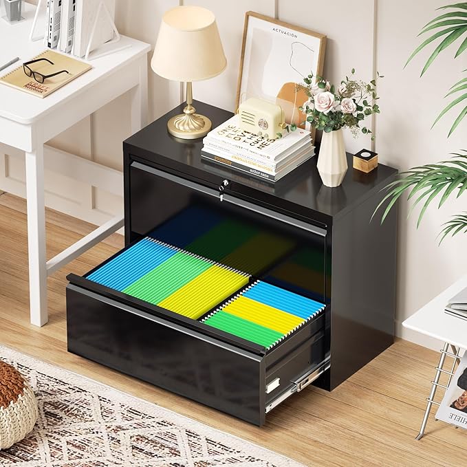 Incbruce Lateral File Cabinet with Lock, 28" W 2 Drawer Filing cabinets for Home Office Home, Office, Fit A4/F4/Letter/Legal File, Under Desk Filing Cabinet (Black)