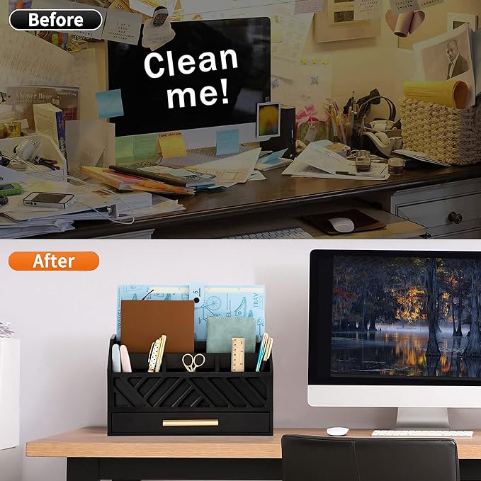 Black Wood Desk Organizer and Accessories with Drawer, Bill Mail Organizer and File Mail Holder for Office Supplies, Modern Desk Accessories & Workspace Organizers for Desk Organization