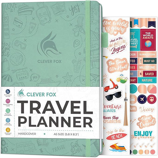Clever Fox Travel Journal – Vacation & Trip Organizer with Budget Plan, Packing List, Travelling Expense Tracker, A5 (Mint Cream)