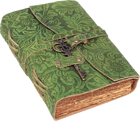 SH SHIFAA HANDICRAFT Leather Journal - Antique Handmade Deckle Edge Vintage Paper Leather Bound Journal - Book of Shadows Journal - Leather Sketchbook - Drawing Journal - Great Gift (Green) (10x7)