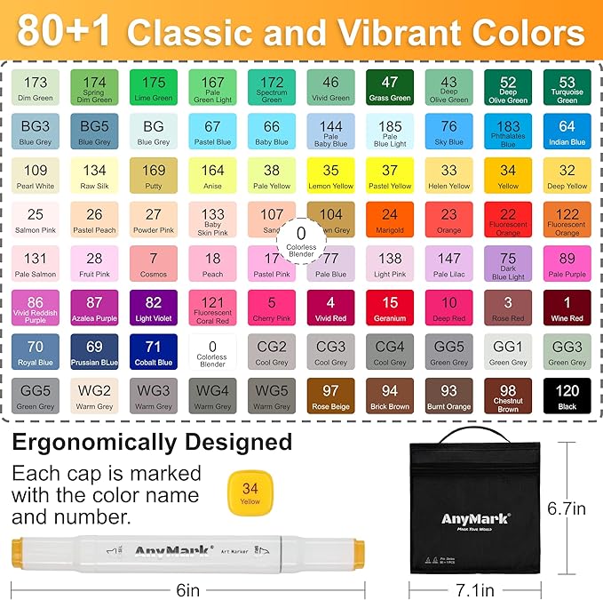 AnyMark Alcohol Markers Brush Tip, 80+1 Colors Dual Tip Brush & Chisel Alcohol-Based Art Markers Set with Case for Adult Artists Drawing Coloring