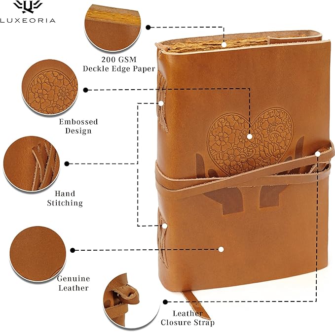LUXEORIA Heart Journal for Women and Men, Handcrafted Leather Journal for Writing Womens, Leather Sketchbook, Travel Diary with Unlined Deckle Paper, Camel Brown 7x10
