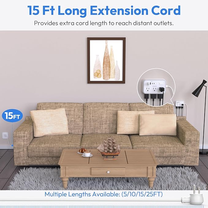 Extension Cord 15 ft, Surge Protector Power Strip with 6 Outlets 4 USB Charger(2 USB C Port), Flat Plug Outlet Extender Long Cord, Protection for Indoor, Home, Office Supplies, Dorm Room Essentials