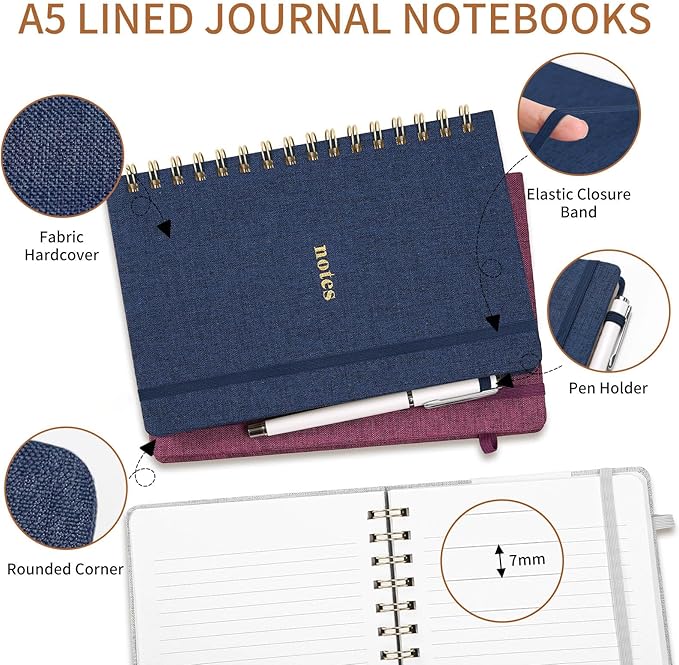 A5 Lined Journal Notebook – Hardcover Fabric Cover 160 Pages 100 GSM Thick Paper With Elastic Band & Pen Holder College Ruled Writing Notebooks for Work School Travel 3pack Dark Blue Set