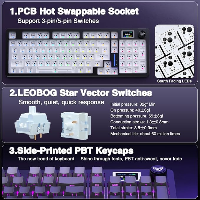 AULA S98 Pro Wireless Mechanical Keyboard with Screen & Knob,2.4GHz/USB-C/BT5.0 Hot Swappable Creamy Keyboard,Pre-lubed Linear Switches,Side Printed PBT Keycaps,RGB Backlit Gaming Keyboards