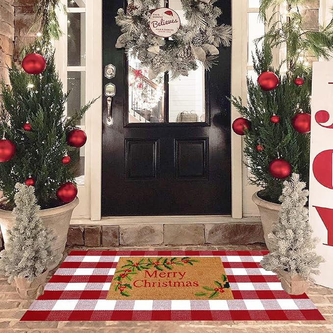 Christmas Red and White Plaid Rug, 3' x 5' Cotton Hand-Woven Layered Door Mat for Front Porch, Entryway, Outdoor Holiday Decor, Washable Buffalo Check Rug for Home, Patio, Kitchen
