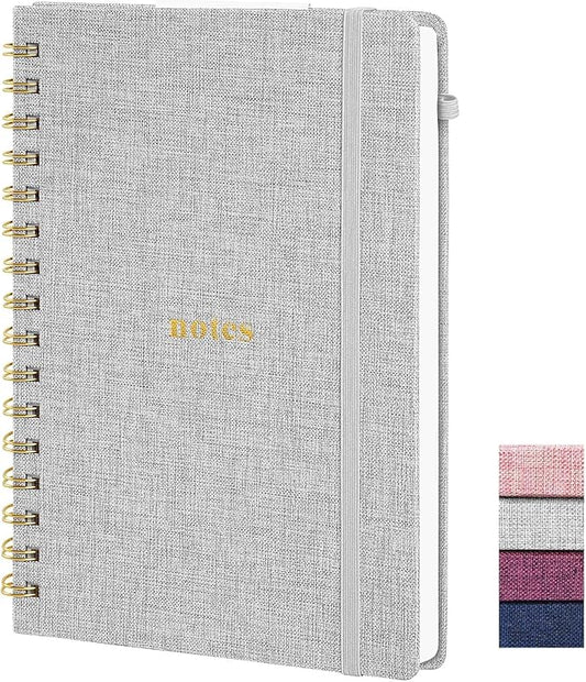 A5 Spiral Notebook – Hardcover Journal 160 Lined Pages 100 GSM Thick Paper With Elastic Band & Pen Holder College Ruled Writing Notebooks for Work School Travel Gray