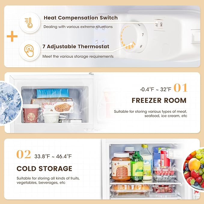 3.55 Cu.Ft Mini Fridge with Freezer, Small Fridge with 2 Doors for Office, Kitchen, Dorm and Bedroom, Mini Refrigerator with Adjustable Shelves (White)