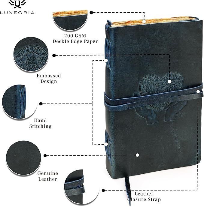 LUXEORIA Heart Journal for Women and Men, Handcrafted Leather Journal for Writing Womens, Sketchbook, Travel Diary with Unlined Deckle Paper, Dark Blue 8x13