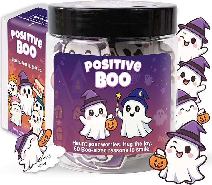 Positive Ghost Affirmation Jar – Halloween Gifts for Kids, Teens, Women – 60 Cute Ghost Cards for Emotional Support, Glow in the Dark Decor, Trick or Treat Basket Stuffer