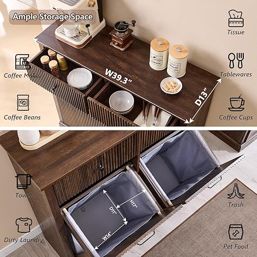 Modern Double Tilt-Out Trash Cabinet, 20 Gallon Fluted Laundry Hamper Cabinet with 2 Drawers, Wooden Hidden Garbage Can Cabinet w/Storage Basket,Free Standing for Kitchen & Living Room, Brown