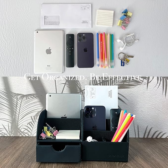 UnionBasic Desk Organizer - Multifunctional Leather Desktop Pen Holder Storage Box - Business Card/Pen/Pencil/Mobile Phone/Stationery Holder, Black