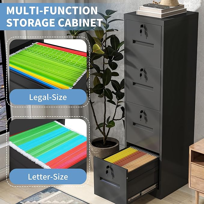 4 Drawer File Cabinet with 4 Lock, Metal Filing Cabinet, Heavy Duty Vertical File Cabinets for Home Office, Steel File Storage Cabinets for Letter/Legal File Folders, Assembly Required (Black)